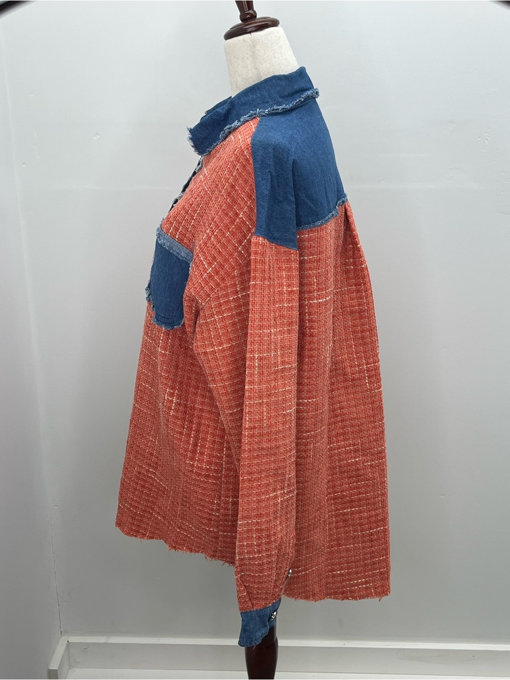 Umgee Rust Orange Denim Raw Edge Distressed Womens Shacket Shirt Medium - Picture 3 of 8